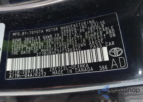 2015 Toyota Corolla Le из США, поврежденный, VIN 2T1BURHE2FC386940